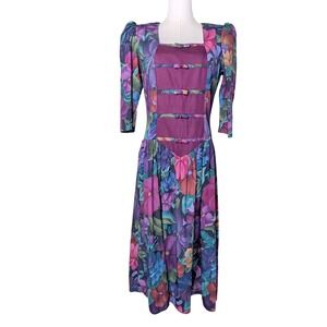 Vintage Liverpool Floral Bow-Front Dress 80s Bold Print Puff Sleeve Midi Size 12